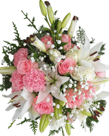 Delux Mix - White and Pink Rose 20 Carnation - 10 gypsophila Lilly 5 with glass pot