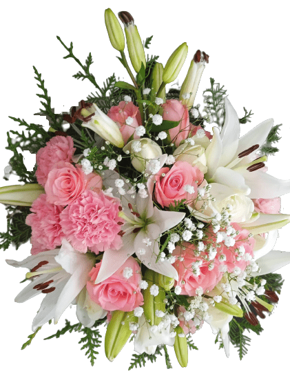 Delux Mix - White and Pink Rose 20 Carnation - 10 gypsophila Lilly 5 with glass pot